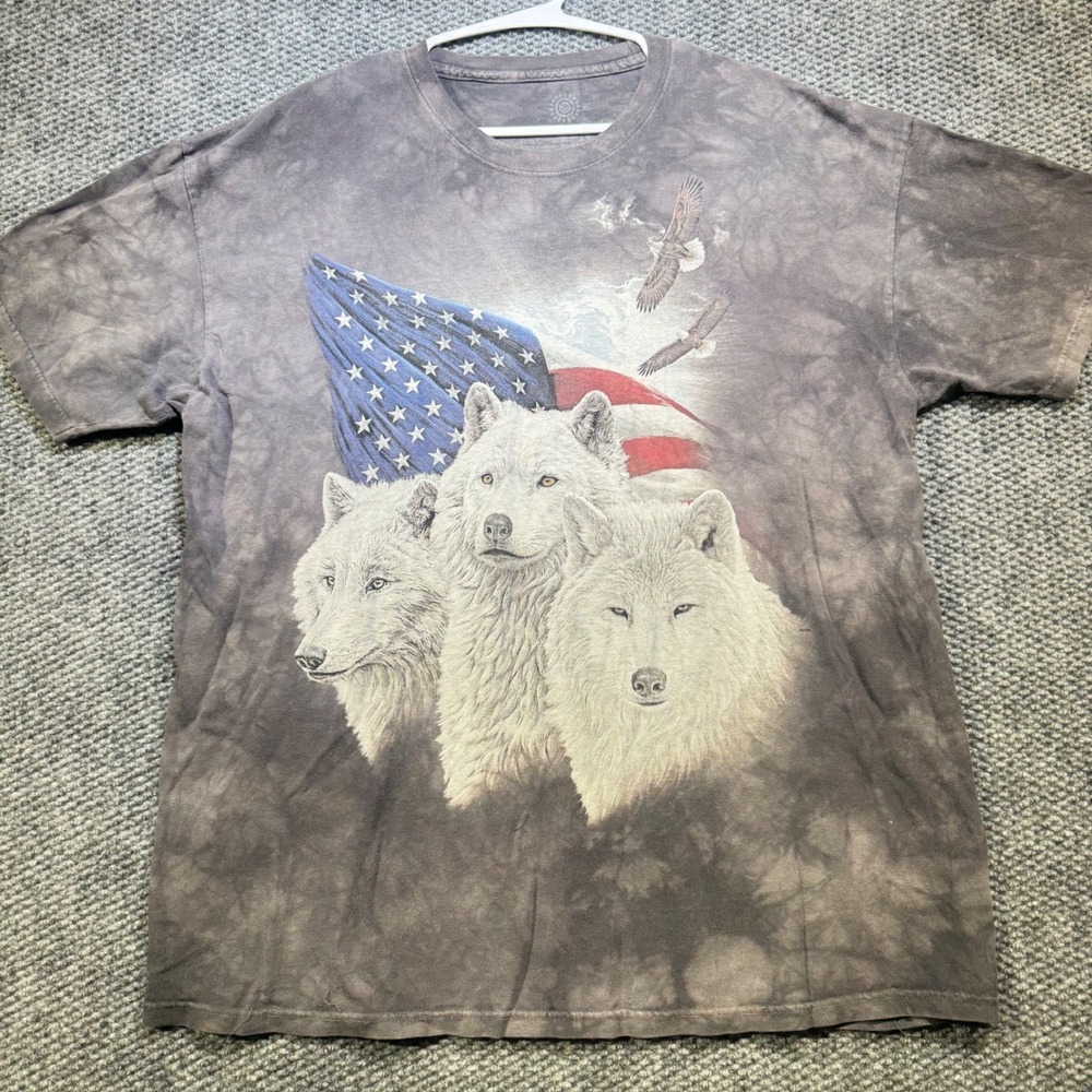 The Mountain Gray Tie Dye Wolf American Flag Eagle Graphic T-Shirt Mens XL